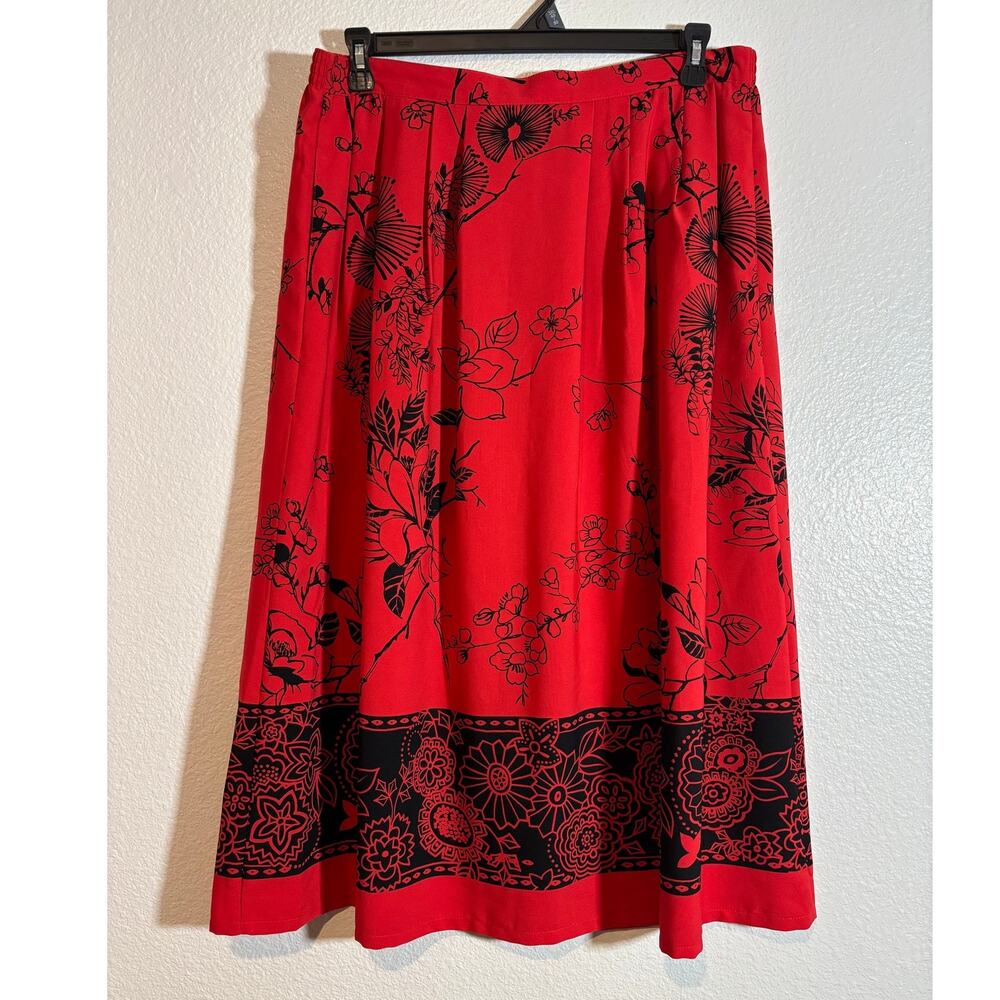 Sag Harbor Vintage Women's Plus Size 1X Floral Pull-On Midi Skirt Red & Black